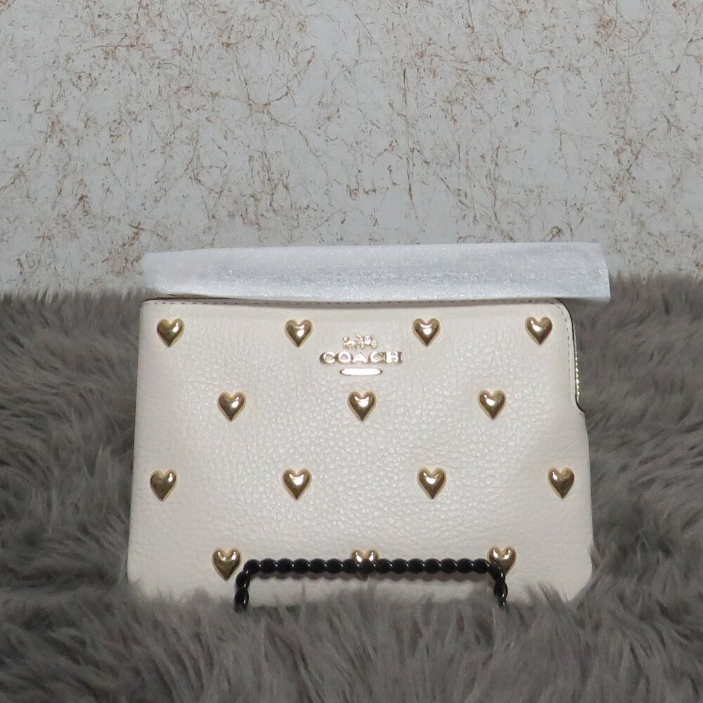 Coach Corner Zip Wristlet with Heart Rivets (Chalk)